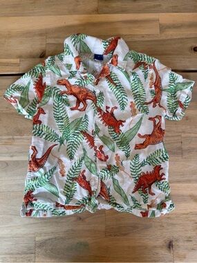 Old Navy White Button-Up Shirt with Orange Dino & Green Leaf Print